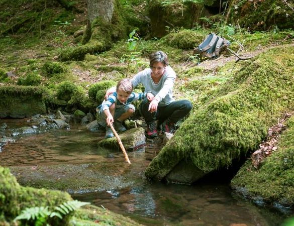 Mother and son crouching at edge of a brook