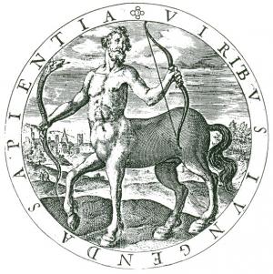 Centaure mythologique grec Chiron tenant un serpent et un arc 