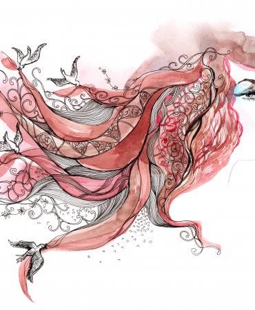 Artistic drawing of woman with ribbons and birds in her hair