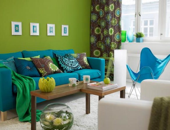 blue sofa in a living room