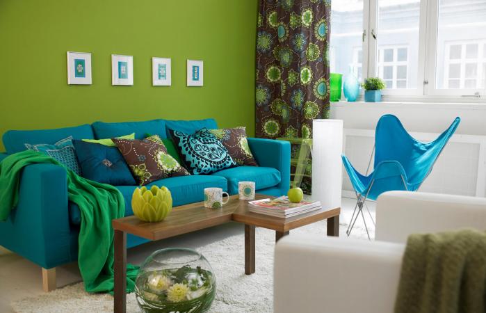 blue sofa in a living room