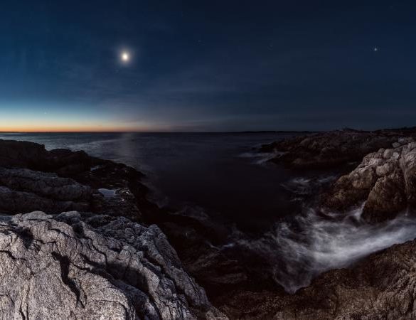 Mercury, Venus, Saturn, Mars, Jupiter, our Moon and Earth together in pre-dawn light