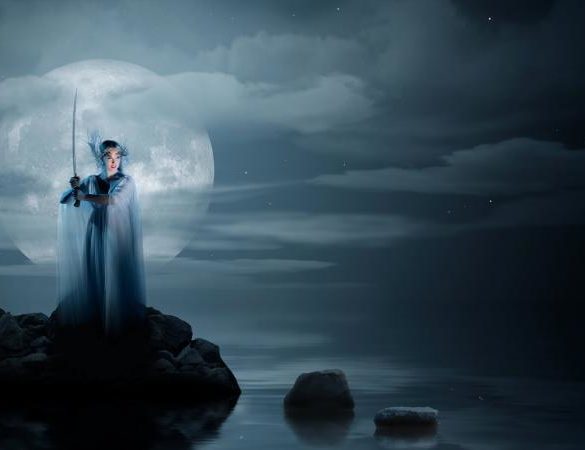 Elven girl on sea coast at night