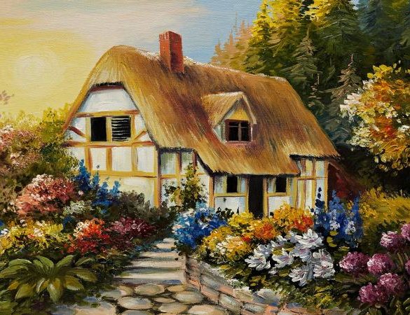 Oil painting of fairy house