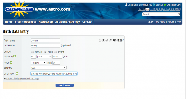 Capture d'écran de la saisie de données depuis astro.com